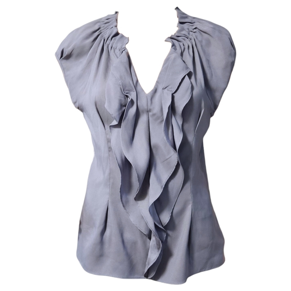 Express Ruffle Blouse Gray Sz S Ruched Cap Sleeves Career Chic Office Siren